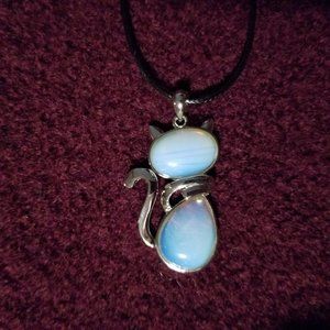 NWOT, opalite gemstone cat pendant, silver plate on black cord, artisan made